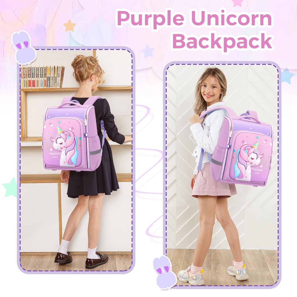 PALAY Unicorn Backpack for Kids Girls Stylish Durable Water-Resistant Backpack Shoulder School Bags for Girls Kids 6-12 Years Old Birthday & Rakhi Gift - Purple