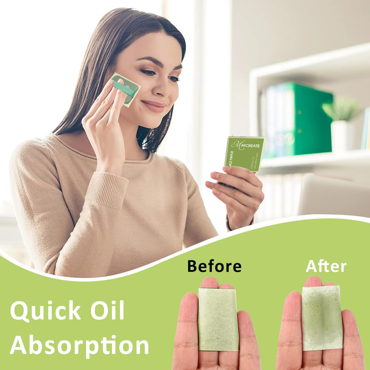MAYCREATE 100Pcs Face Blotting Paper for Oily Skin, Oil Blotting Sheets for Face, Natural Linen Oil Paper for Face, Blotting Paper for Makeup, Built-in Mirror & Powder Puff for Women Men (Green Tea)