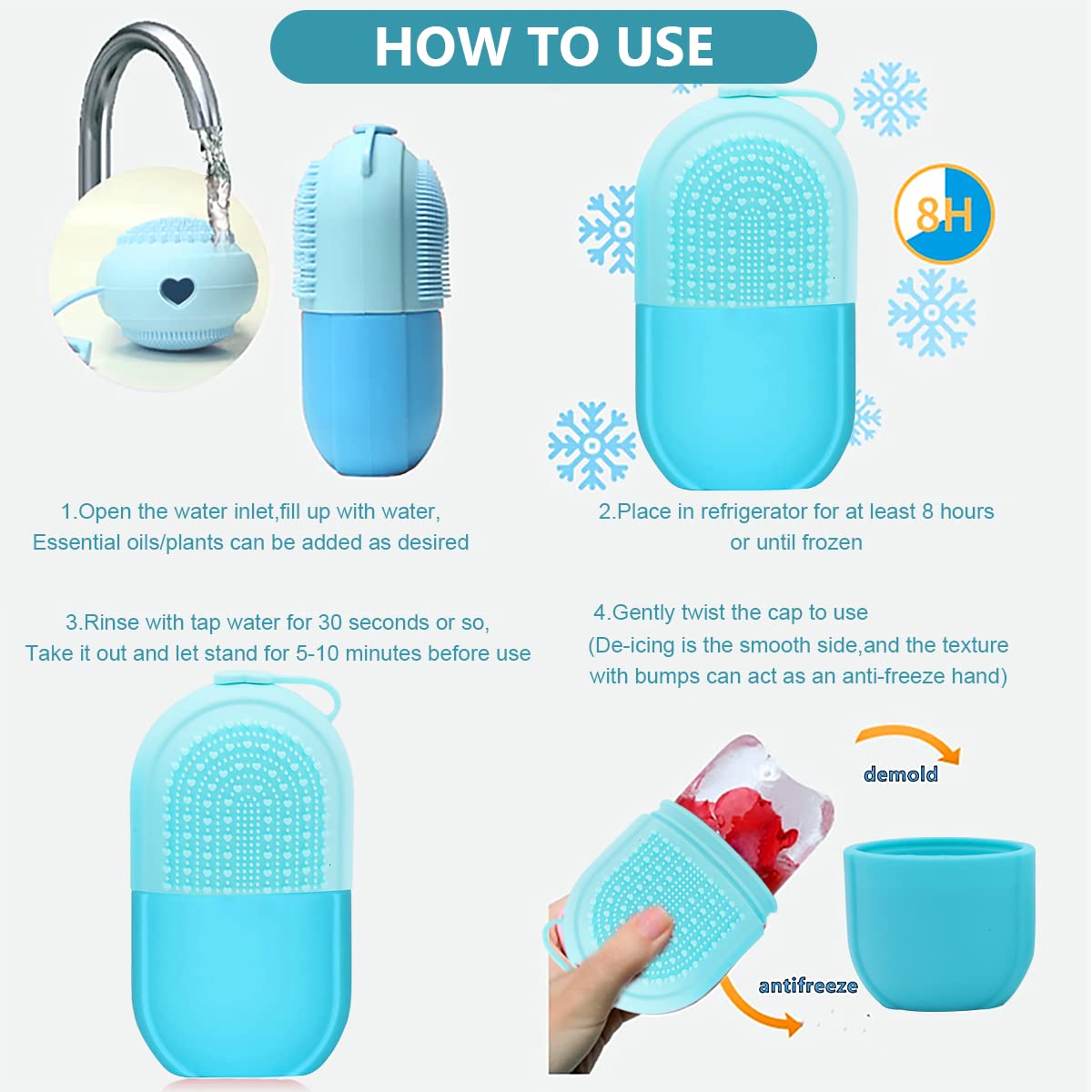 MAYCREATE Ice Face Roller Ice Cube Mold With Cleansing Brush, Anti-Leak Silicone Ice Roller for Face Massage, Beauty Ice Facial Roller for Eliminate Edema, Tighten Skin, Women Skincare Gift (Blue)