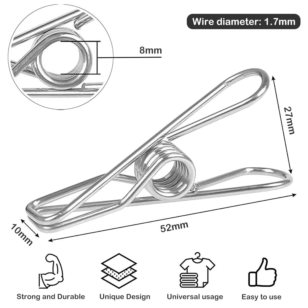 ZIBUYU 20Pcs Metal Clothes Clips Cloth Pins 2.1'' Clothes Drying Clips Clothes Line Stainless Steel Clips Clip Hangers for Clothes Multipurpose Home Office Metal Line Clips for Files, Snacks Bag Seal