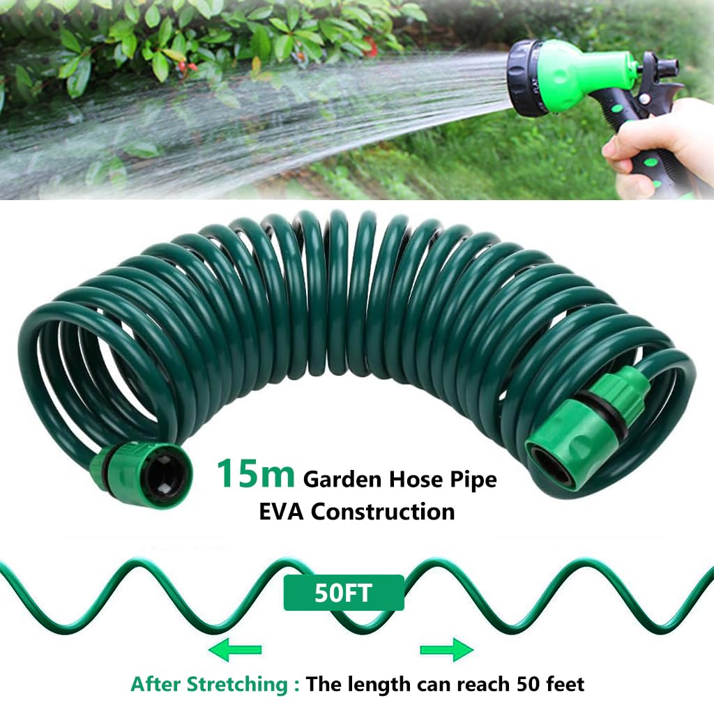 HASTHIP 50ft/15m Garden Hose Pipe with 7 Function Sprayer Gun, Expandable EVA Lightweight Anti-Kink Flexible Water Hose with 3/8'' Quick Connector & Sprinkler for Home Garden Car Washing Pet Bathing