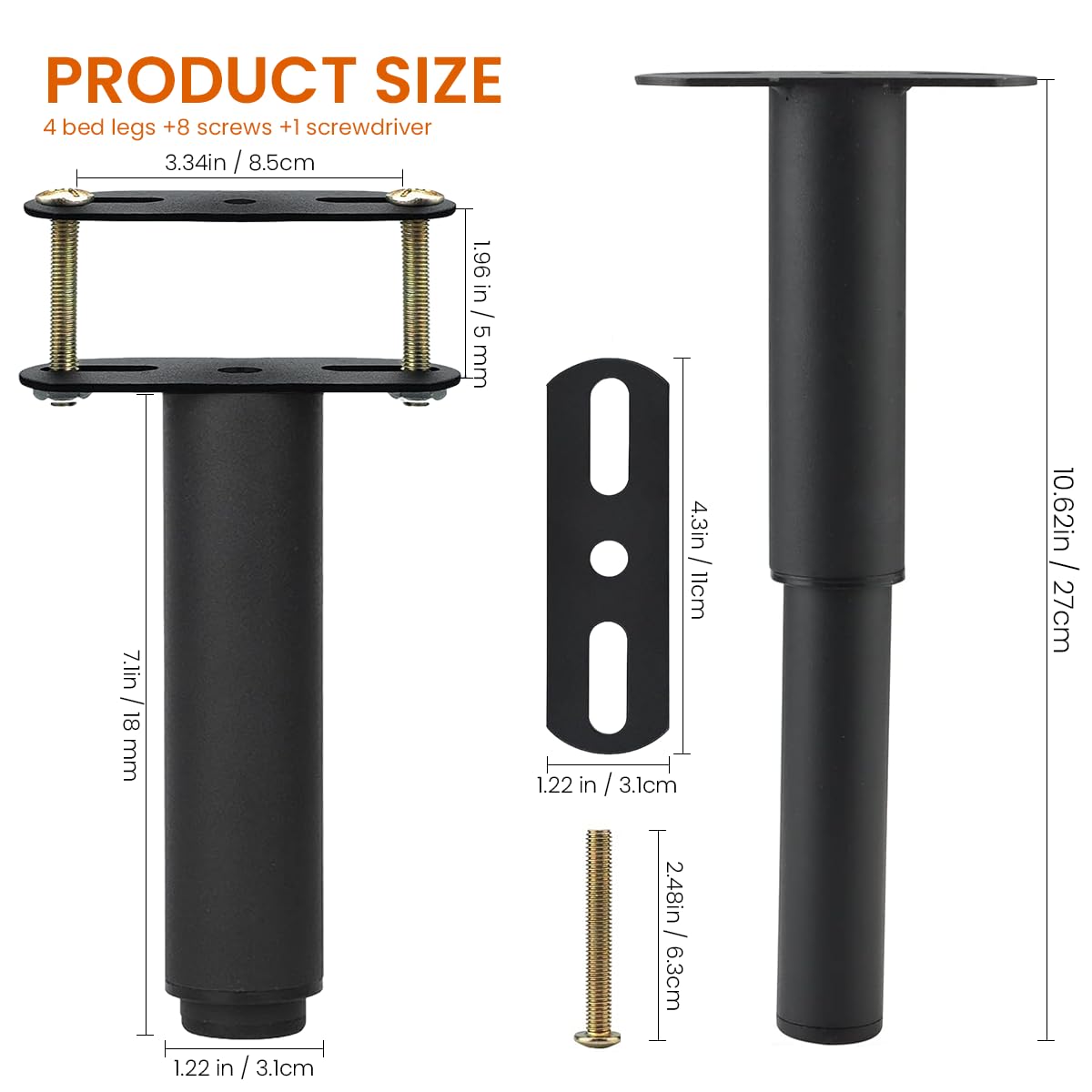 Serplex 2Pcs Adjustable Metal Bed Frame Support Legs Bed Center Slat Heavy Support Leg for Bed Frame Replacement Parts, Durable Steel Furniture Foot Bed Frame Replacement Legs Height Range 7.08