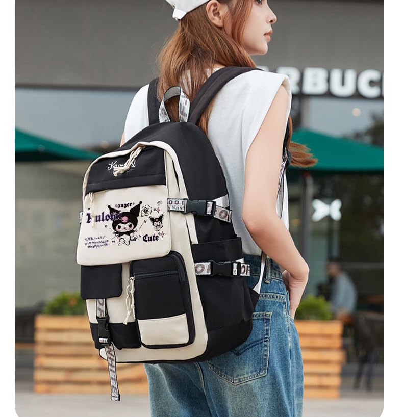 PALAY Kuromi Backpack for School Girls 6-12 Years Old Teens Fashion Kawaii Kuromi Print School Backpack Large Multi Layer Book Bag Travel Backpack for Teens Students School Gift for Girls