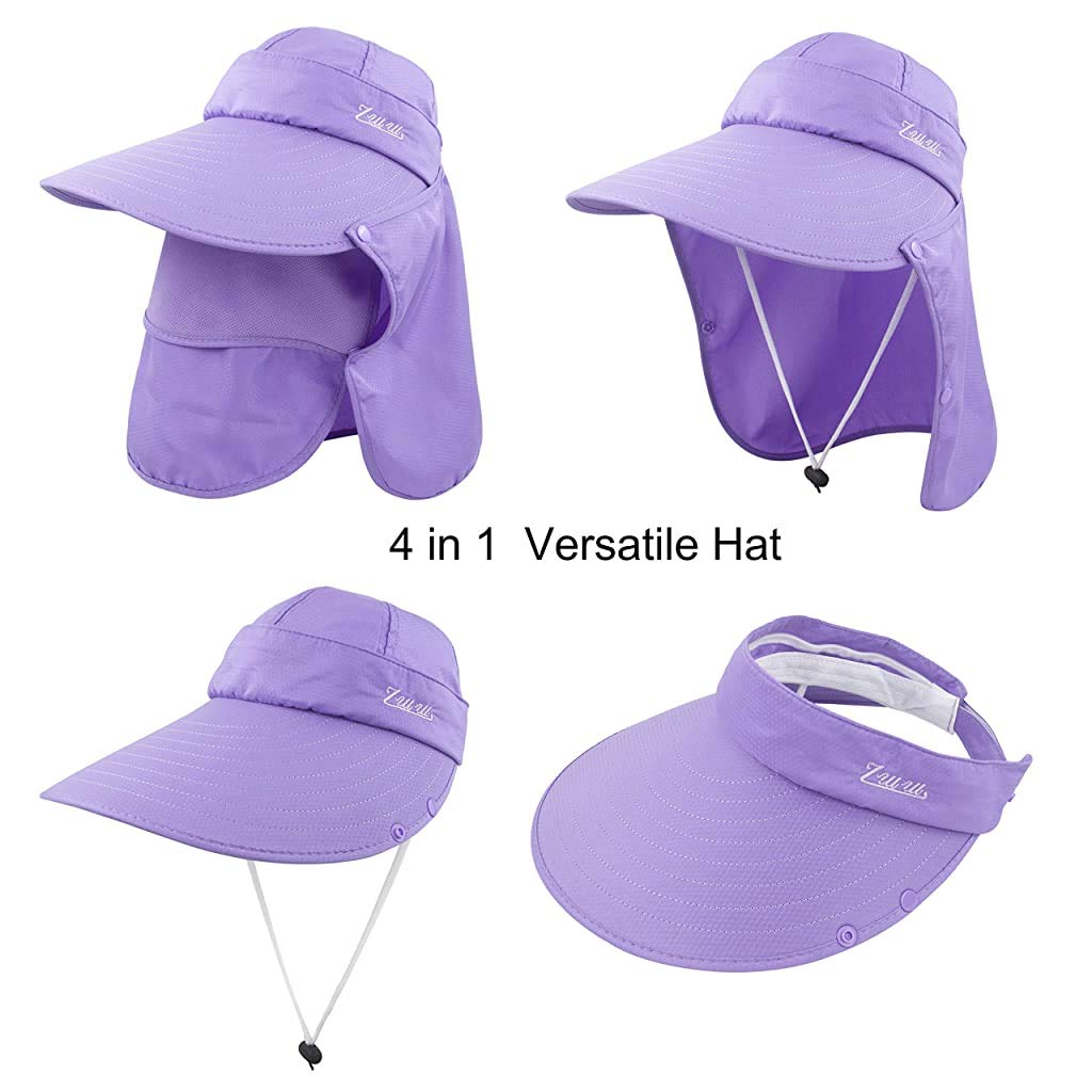 GUSTAVE Women Sun Wide Brim UV Protection Fishing Hat Foldable Ponytail Summer Hats with Detachable Flaps Purple
