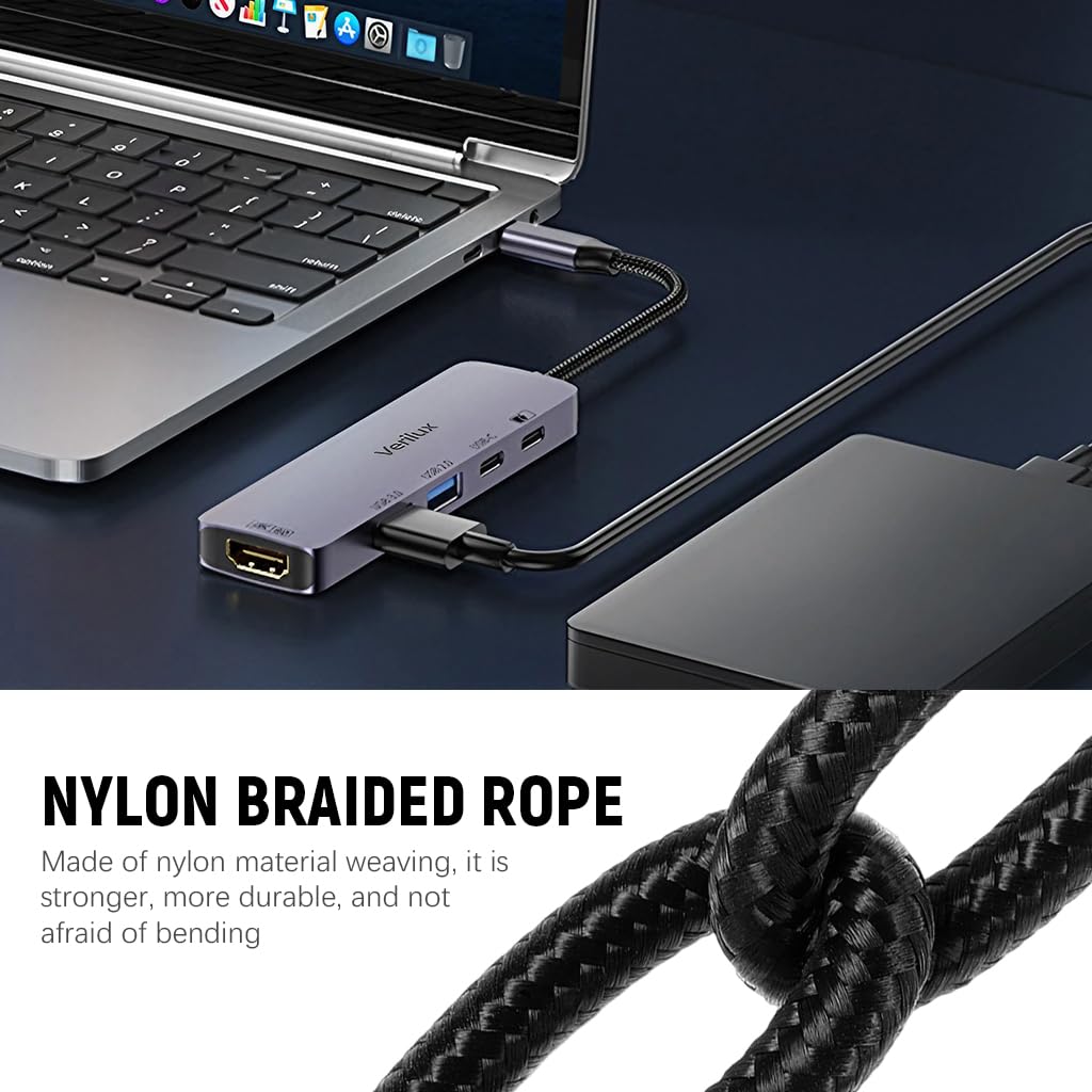 Verilux 5 in 1 USB C HUB USB-C to HDMI, Dual USB Ports Design, Support 4K@60Hz Video Output & PD 100W Power Delivery, Plug and Go USB C Hub for Phone, Tablet, SSD Enclosure, Laptop, Monitor