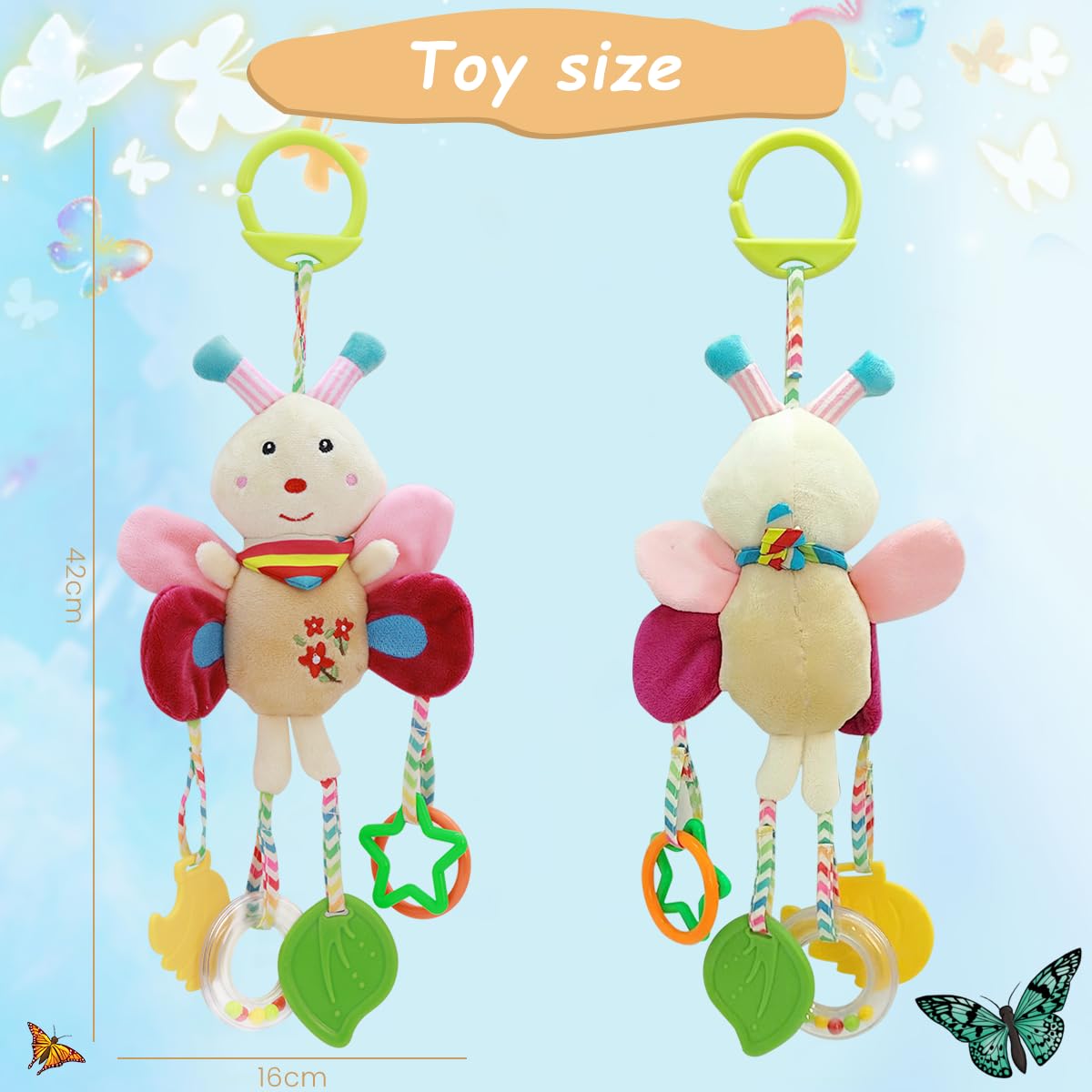 PATPAT Hanging Toys for Babies 0-6 Months, New Born Baby Toys Rattle Crinkle Squeaky Toy Car Seat Plush Stroller Toy with Teethers Plush Butterfly C-Clip Ring for Infant Babies 3 6 9 to 12 Months
