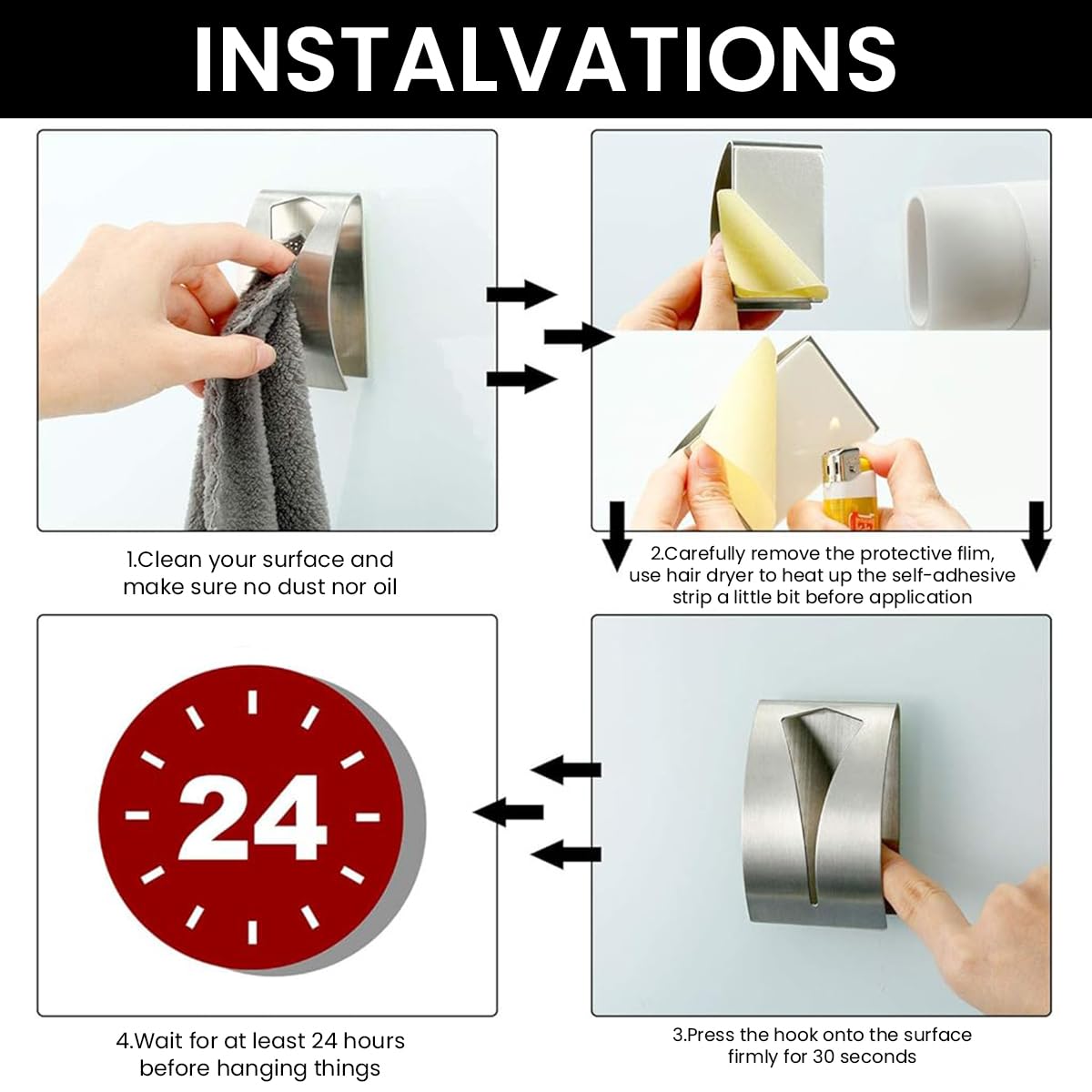 HASTHIP 2 Pcs Kitchen Towel Holder Grabber Self Adhesive, Stainless Steel Kitchen Dish Towel Hook, Wall Mount Non-Drilling Hand Towel Hanger Towel Holders for Bathroom Kitchen Cabinet