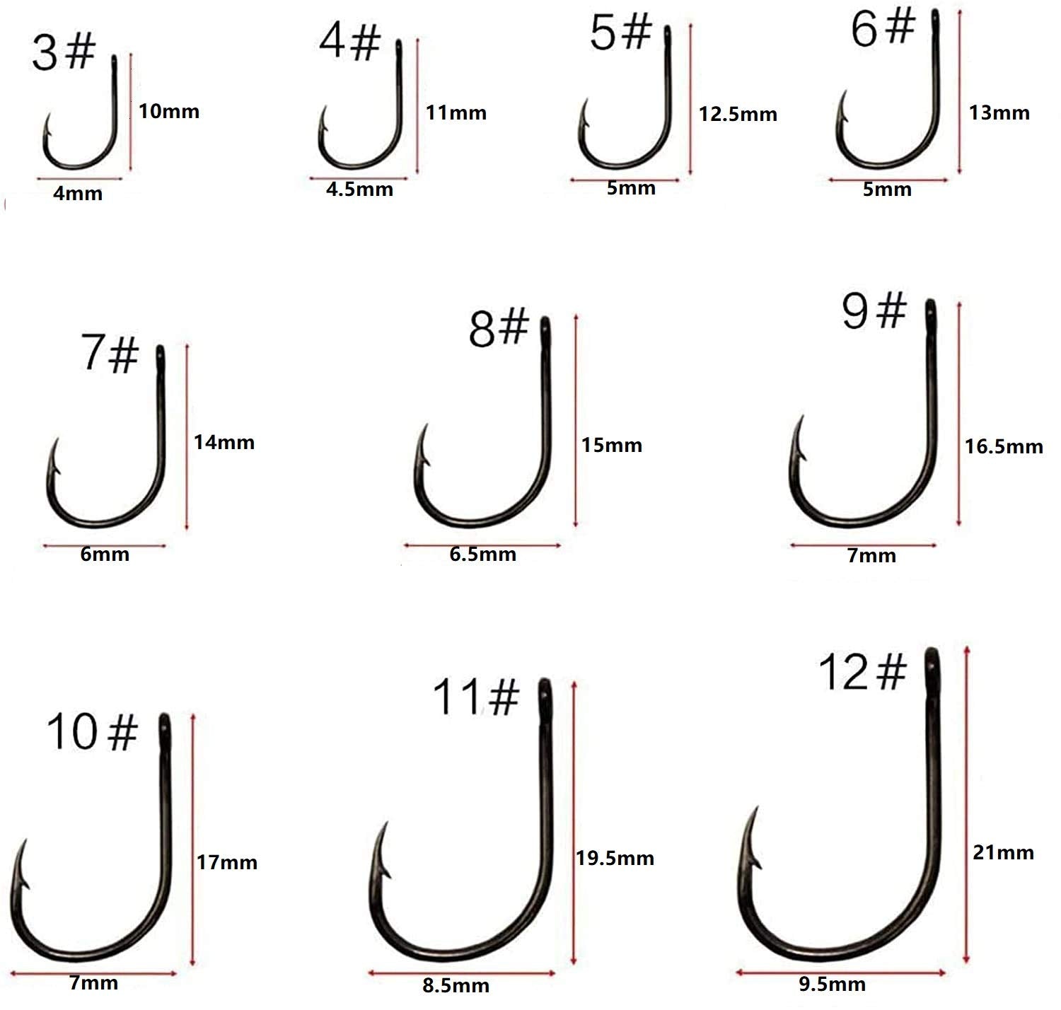 Proberos 500pcs High Carbon Steel Fishing Hooks with Plastic Box, 10 Sizes Fish Hook with Barbs for Freshwater/Seawater, 3# - 12#(50pcs/ Size)