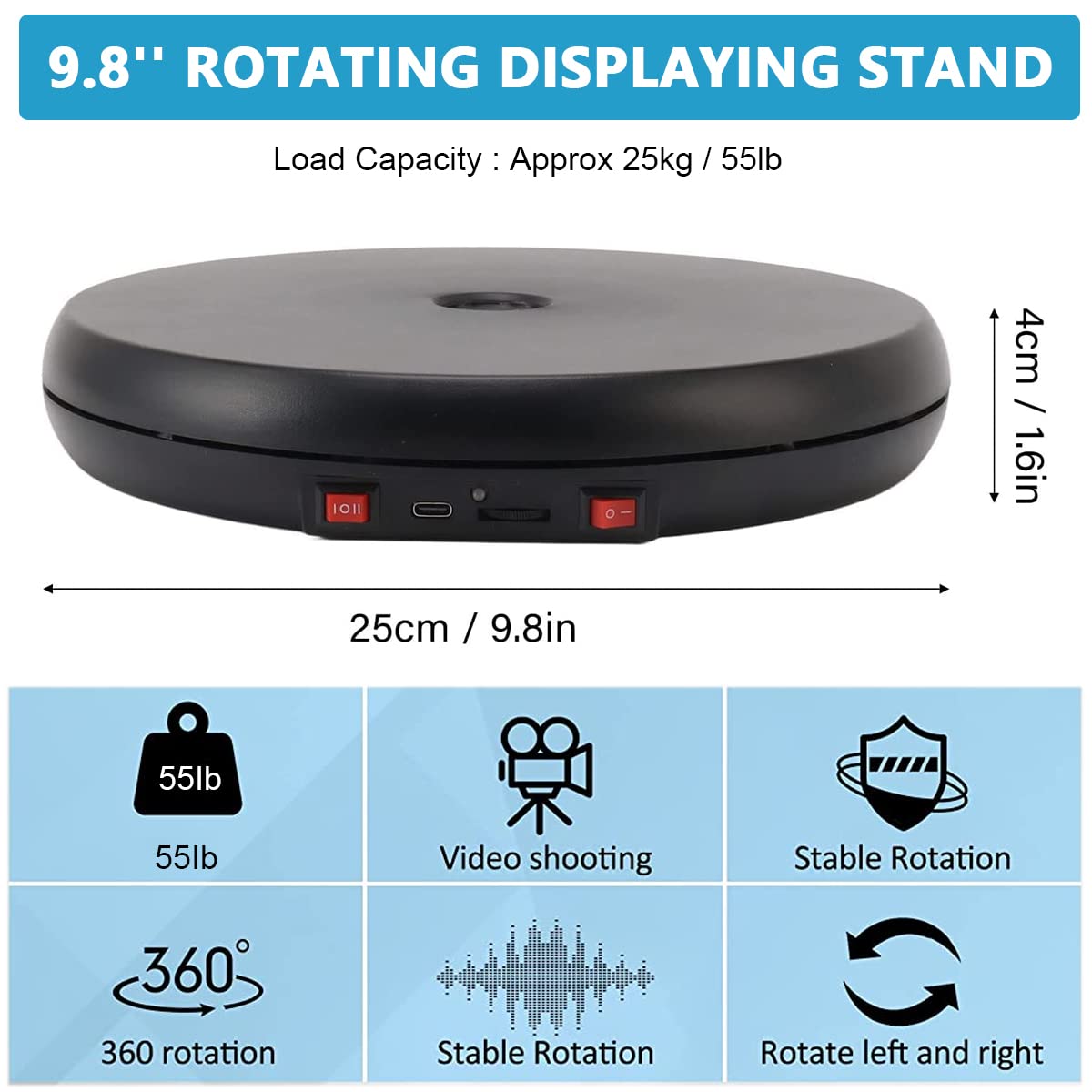 Supvox 1Pcs Rotating Display Stand with LED, 9.8'' USB Charge 360 Degree Rotating Turntable, Adjustable Speed Multi-Functional Rotary Table for Photography, Jewelry, Cake and Collectibles, 20kg Load