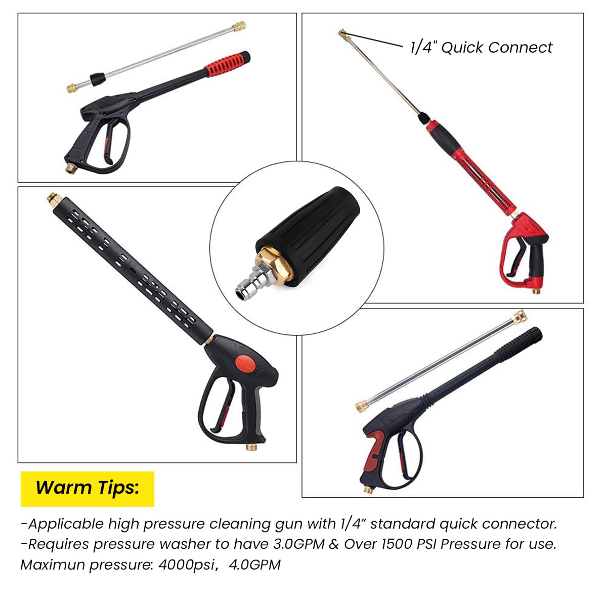 Serplex Pressure Washer Tips Turbo Nozzle with 5 Spray Nozzles High Pressure 4000PSI 360° Rotating Spray Pressure Washer Nozzle Universal 1/4 inch Nozzles Quick Connection for Pressure Washer