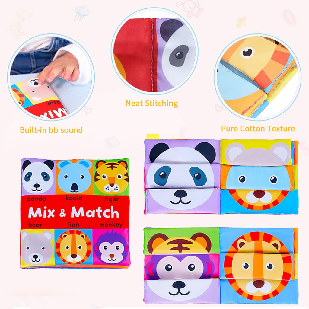 PATPAT Cloth Book for Babies,Cartoon Animal Figurature Cloth Book Early Education Toys for Toddler Mix& Match Animal Face Cloth Book for Baby Intelligence Development,18x18cm