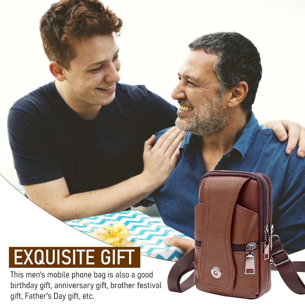 ZIBUYU Mobile Pouch for Men Leather Magnetic Cover Belt Clip Compatible for iPhone 12, 13, 14 Pro Max Phone Case Mini Crossbody Men Waist Sling Bag Mobile Holster for Men, Brown - 1