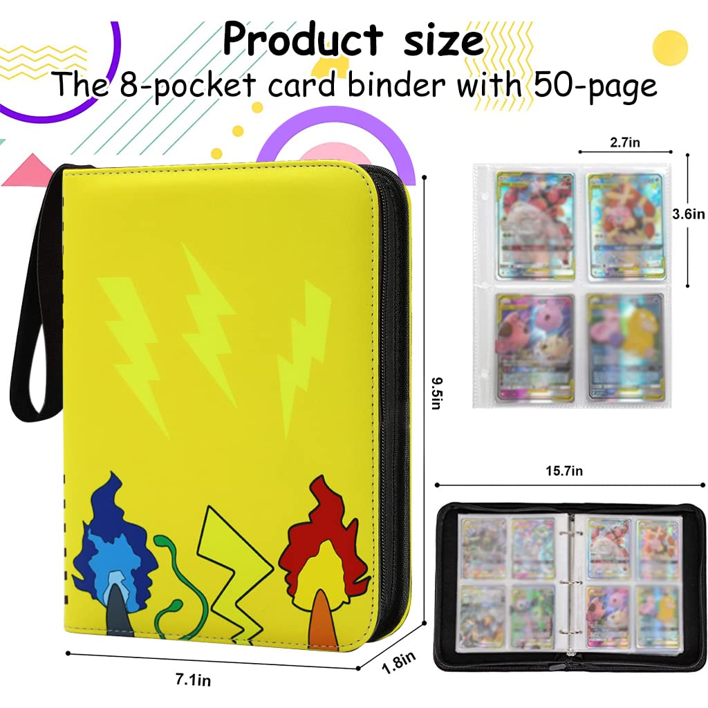 PATPAT Poke-mon Binder, Cards Collector Album Holder for 400 Poke-mon Cards Cartoon Prints Zipper Bag Trading Card Binder Poke-mon Cards Collection Bag Game Cards Case Gift for Kids Boys Girls-Yellow