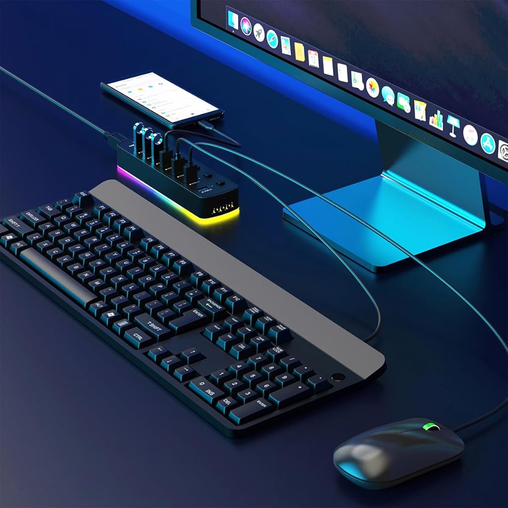 Zeitel 7 in 1 USB Hub with Color Light Extension Hub 5Gbps High Speed USB C Hub with 7 Ports & Individual Switch Universal USB Hub for USB Flash Drives, Keyboards, Webcams, USB Fans, Card Readers
