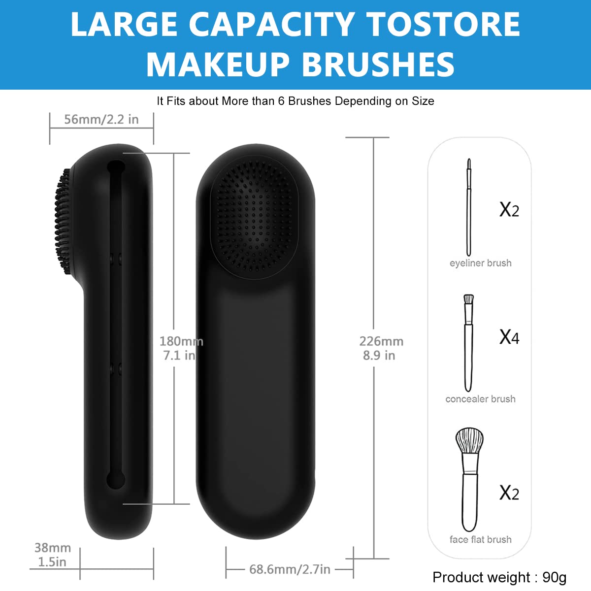 MAYCREATE Makeup Brush Holder Case Silicone Cosmetic Makeup Brushes Organizer with Cleaning Area, for Travel Daily Use - Full Sized & Large Brushes Fit, Magnetic Closure (Brushes Not Included)