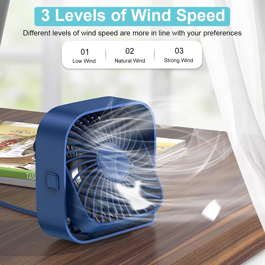 HASTHIP 4.8'' USB Fan, Mini Desk Fan, 3 Speeds and 360° Rotating Head Mini Portable Personal Table Fan for Home Office, Bedroom, Table and Desktop, Ideal for Summer Comfort (Blue)