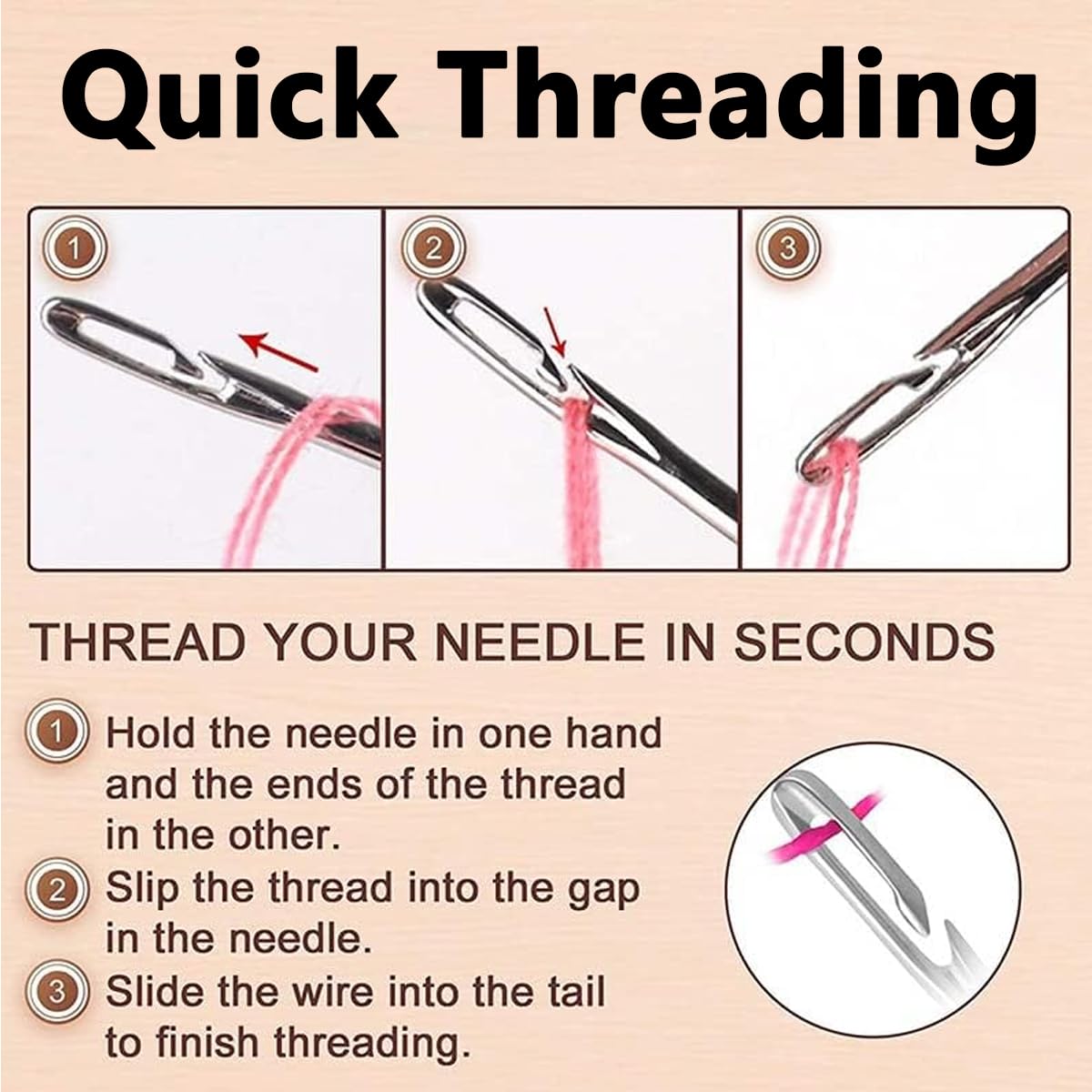 HASTHIP 30pcs Quilting Needle Self-Threading Quilting Needle with Wooden Needle Case Long Quilting Needle of Various Sizes Easy Self-Threading Quilting Needle for Quilting, Embroidery, Hand Sewing