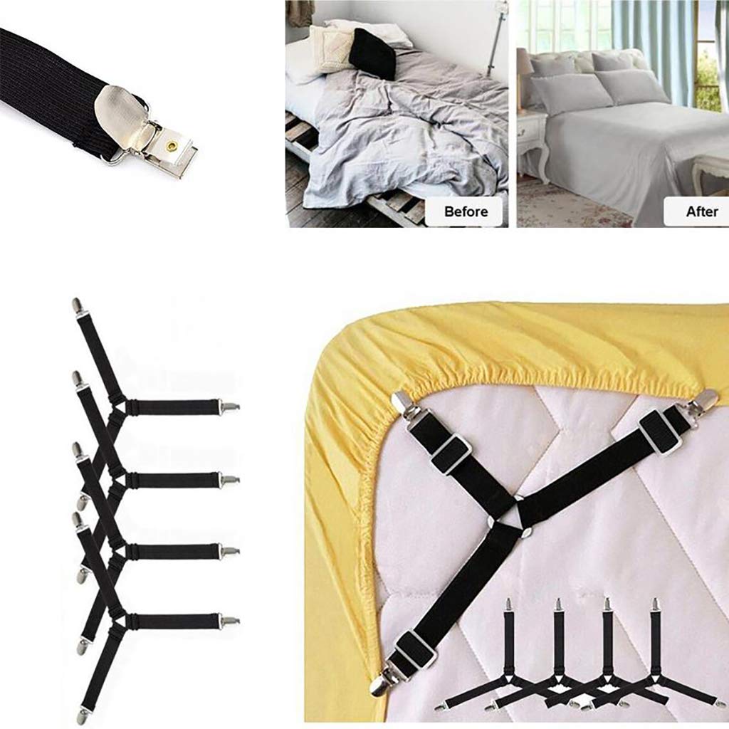 HASTHIP® Adjustable Bed Sheet Holder Straps 3 Way Mattress Cover Fasteners Keeper Heavy Duty Grippers Clips Triangle 4pc/Set Free Size Black 12 PCS