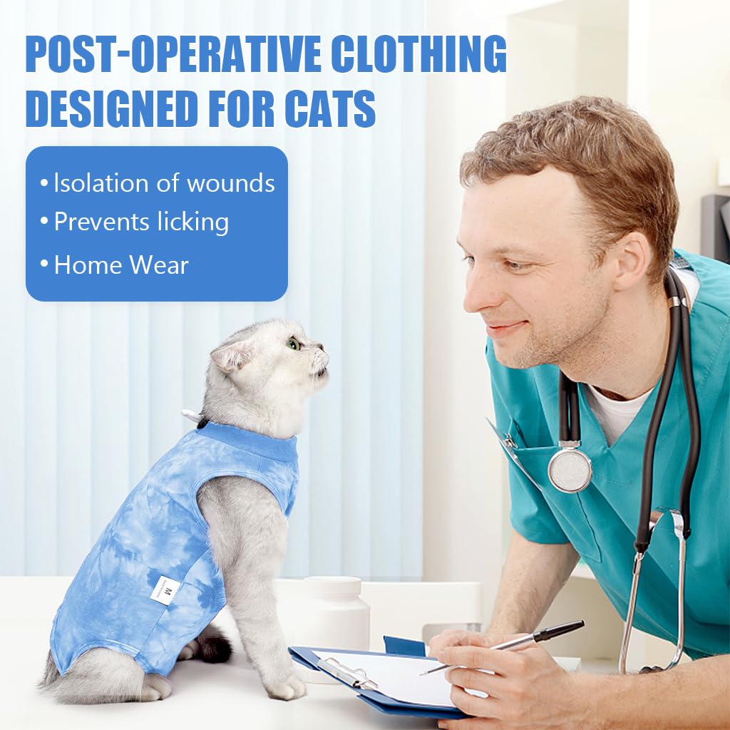 Qpets Cat Clothes, Kitten Clothes for Cats Recovery Suit After Surgery for Abdominal Wounds, Fashion Blue Tie-dye Cat Clothes for Summer Cat Everyday Clothing Sterlization Suit (M, Blue)