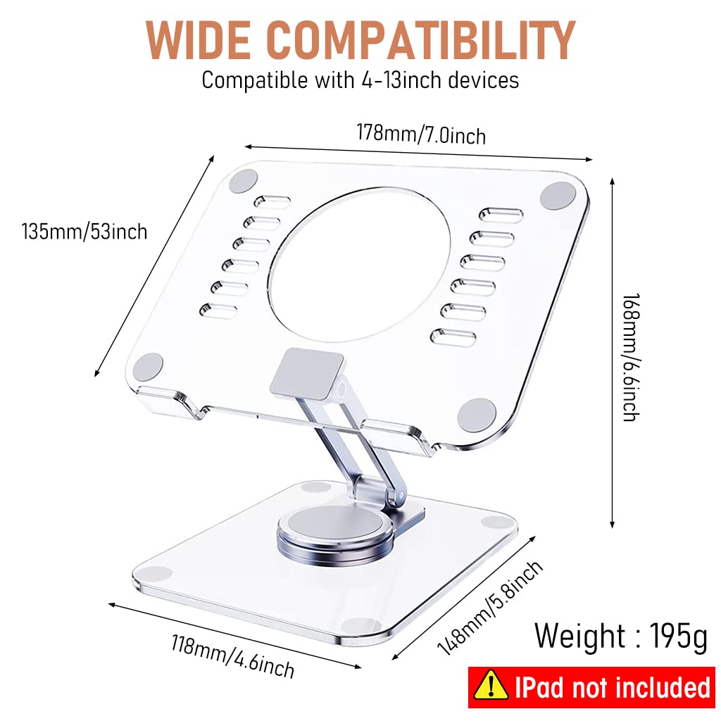 Verilux Desktop Tablet Stand Riser 360° Rotatable Tablet Stand Acrylic Transparent Tablet Riser Rack, Foldable Tablet Stand Holder Universal Stand Rack for Tablet, iPad, Phone, Kindle