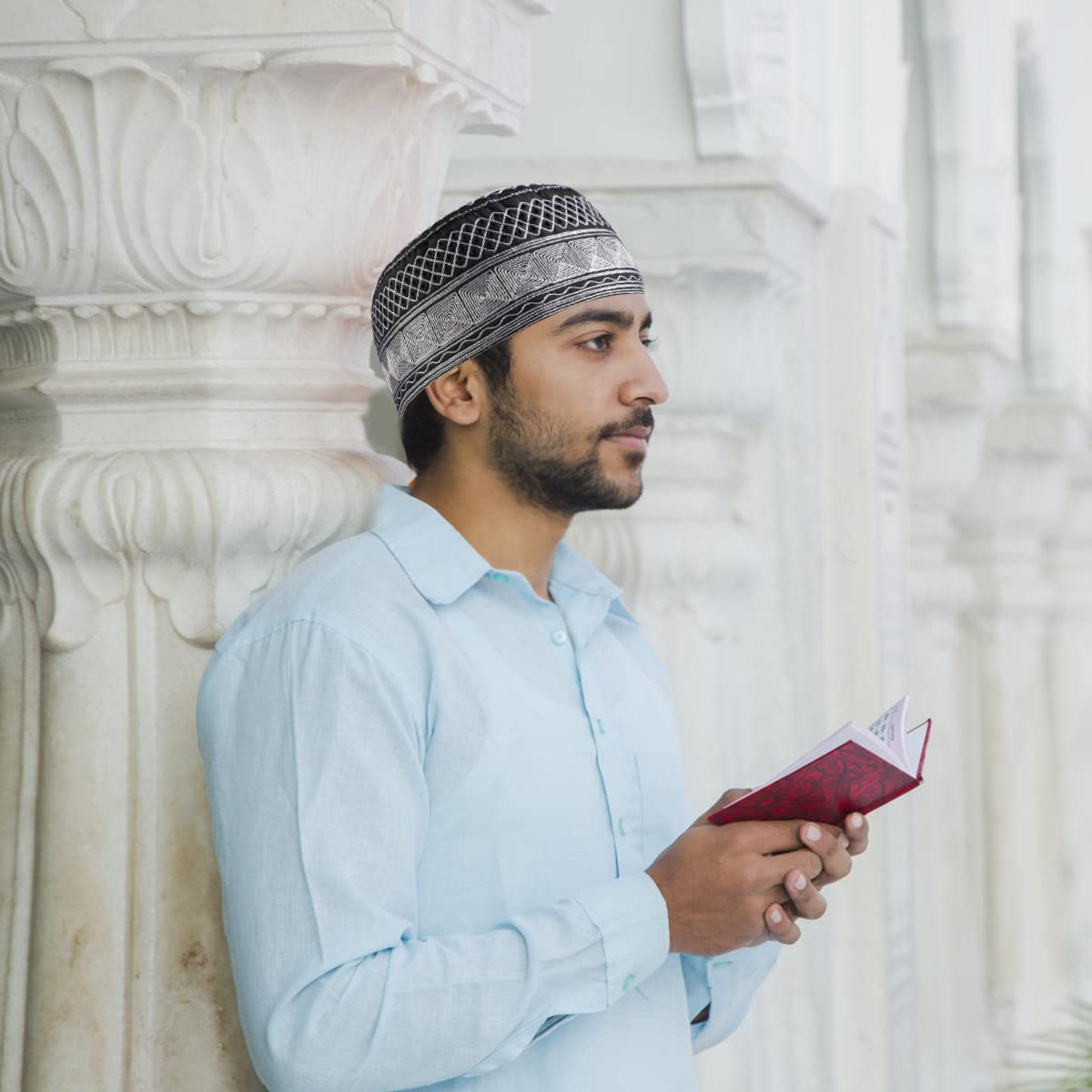 GUSTAVE Muslim Cap for Men Islamic Prayer Skull Cap Muslim Eid Prayer Embroidered Kufi Fat Ramadan Mosque Arab Indian Prayer Cap Grey