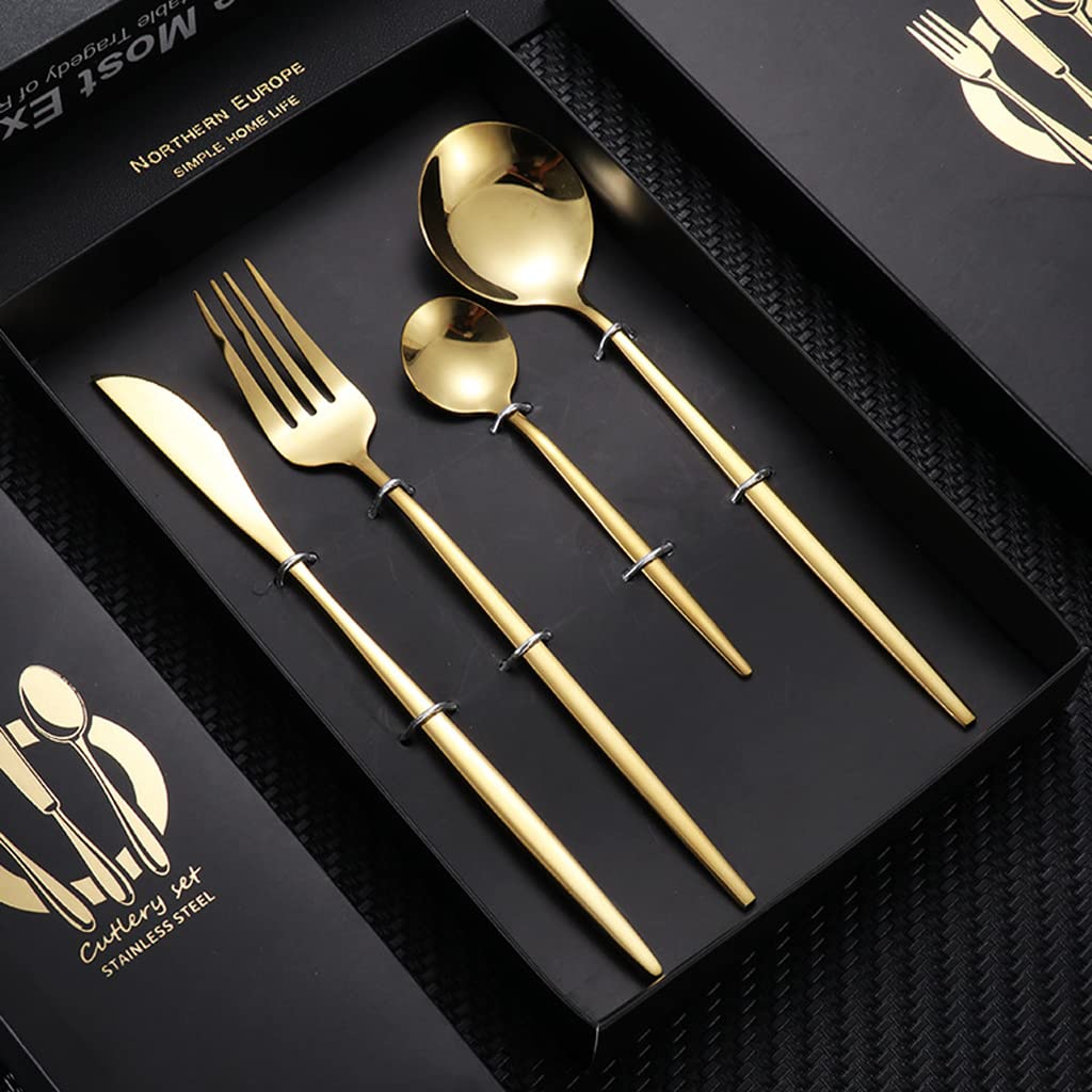 HASTHIP Premium Gold Stainless Steel Fork Spoon Coffee Spoon 4 Piece Set, Spoon Fork Outdoor Gift Set, Flatware with Gift Box Dinnerware Cutlery Set Tableware Set (Gold)