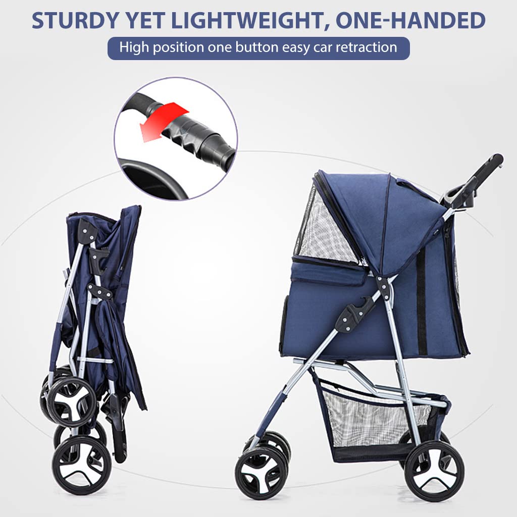 Qpets 4 Wheels Foldable Pets Stroller for Dogs and Cats with Sunvisor, Brake Wheel, Storage Case, Cup Holder Multifunction Dog Cat Cage Jogger Stroller for Medium Small Dogs Cat(Under 15KG)