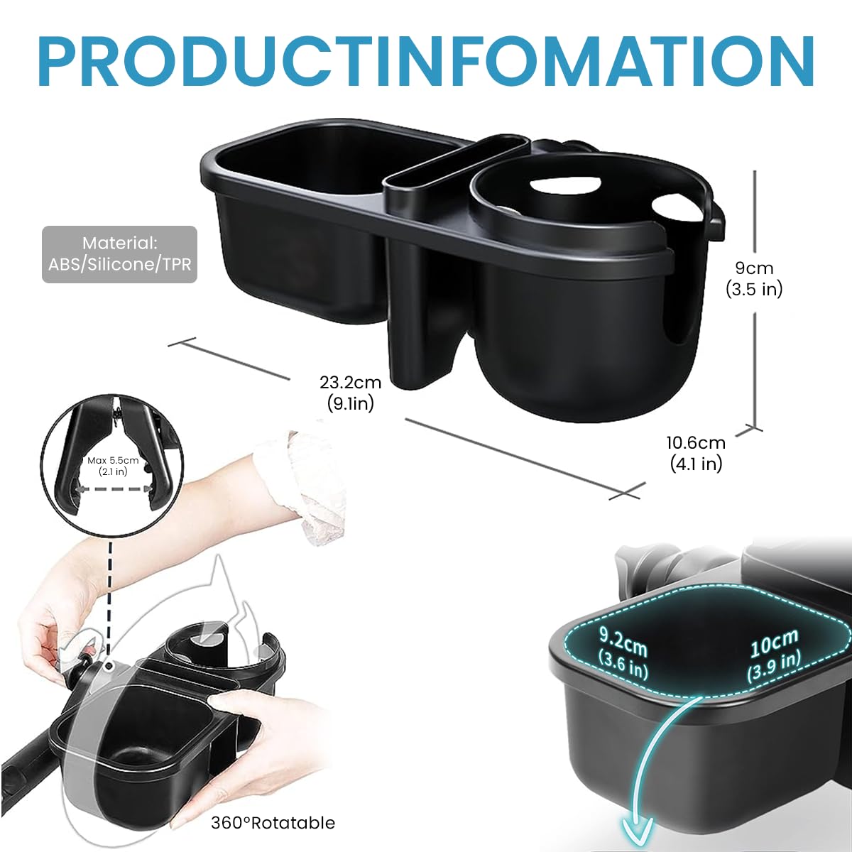 SNOWIE SOFT 3 in 1 Stroller Cup Holder Phone Holder with 2 Hanging Hooks Snack Tray Water Bottle Holder Universal Cup Holder for Baby Stroller, Scooter, Baby Stroller Accessories