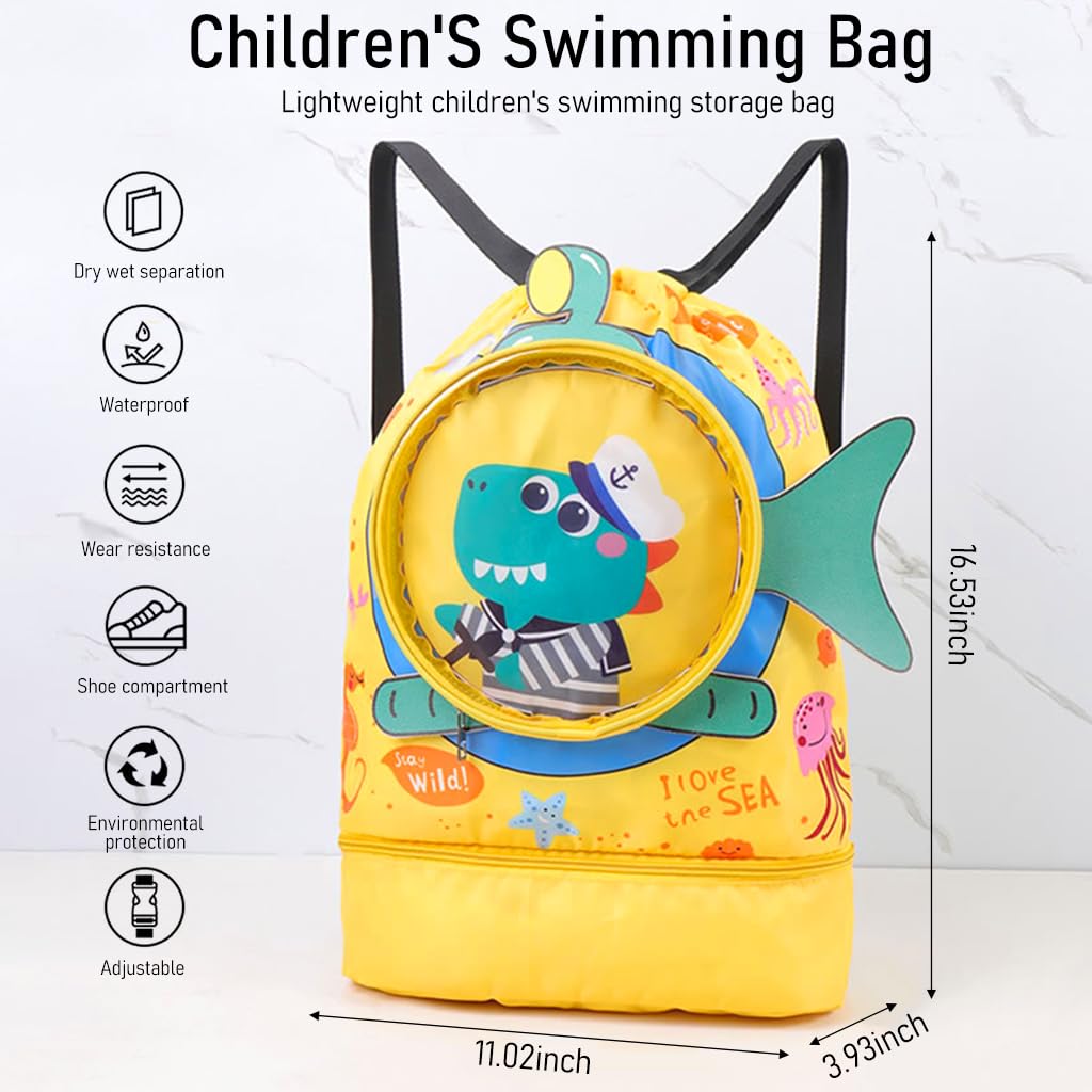 PALAY Swimming Bag for Kids Cartoonish Print Shoulder Bag for Kids Large Capacity Backpack for Girls Boys Wet Dry Separation Drawstring Bag Beach Bag for Clothes, Swimming Goggles, Shoes, Yellow