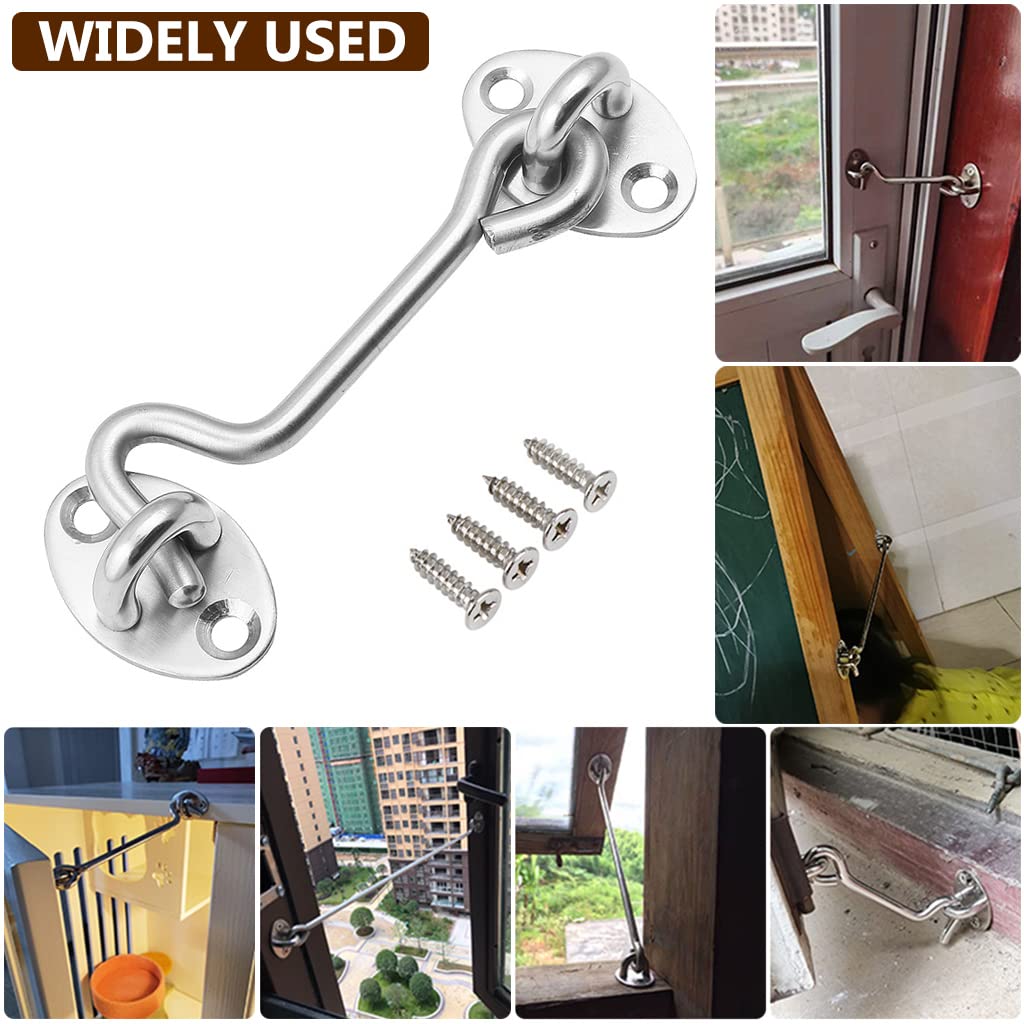 HASTHIP 2Pcs 4 Inch Sliding Door Lock, Barn Door Lock Gate Latch, Gate Hooks and Eyes, Rust-Resistant Metal Gate Latch with Screws, Privacy Hooks Latch for Door, Window, Cabin, Barn (Silver)