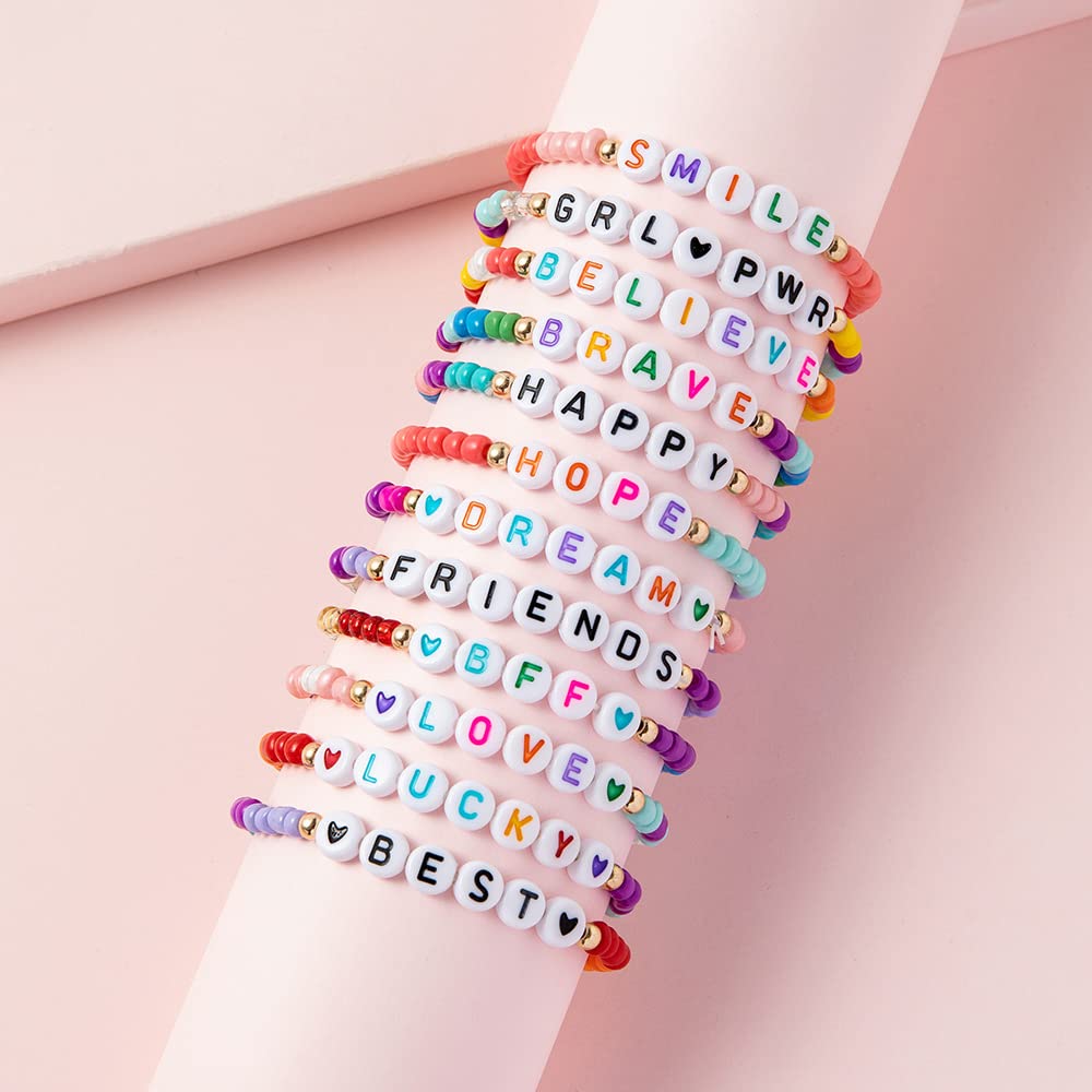 SANNIDHI 12pcs Heishi Surfer Beads Bracelet for Girls Women, Colorful Elastic Friendship Bracelets Set, Acrylic Letter Seed Beads Cheer Bracelets Bulk, Stackable Kids Jewelry Gift