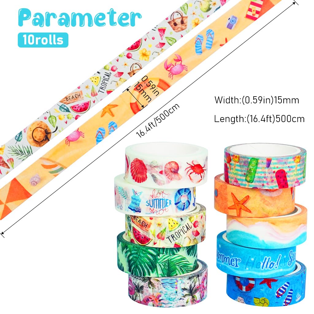HASTHIP 10 Rolls Summer Washi Tape Set, 15mm Beach Ocean Cut Washi Masking Tape Decorative Tape for Bullet Journal, Book, Planner, Scrapbooking, DIY Arts (15mm x 5 meters Per Roll)