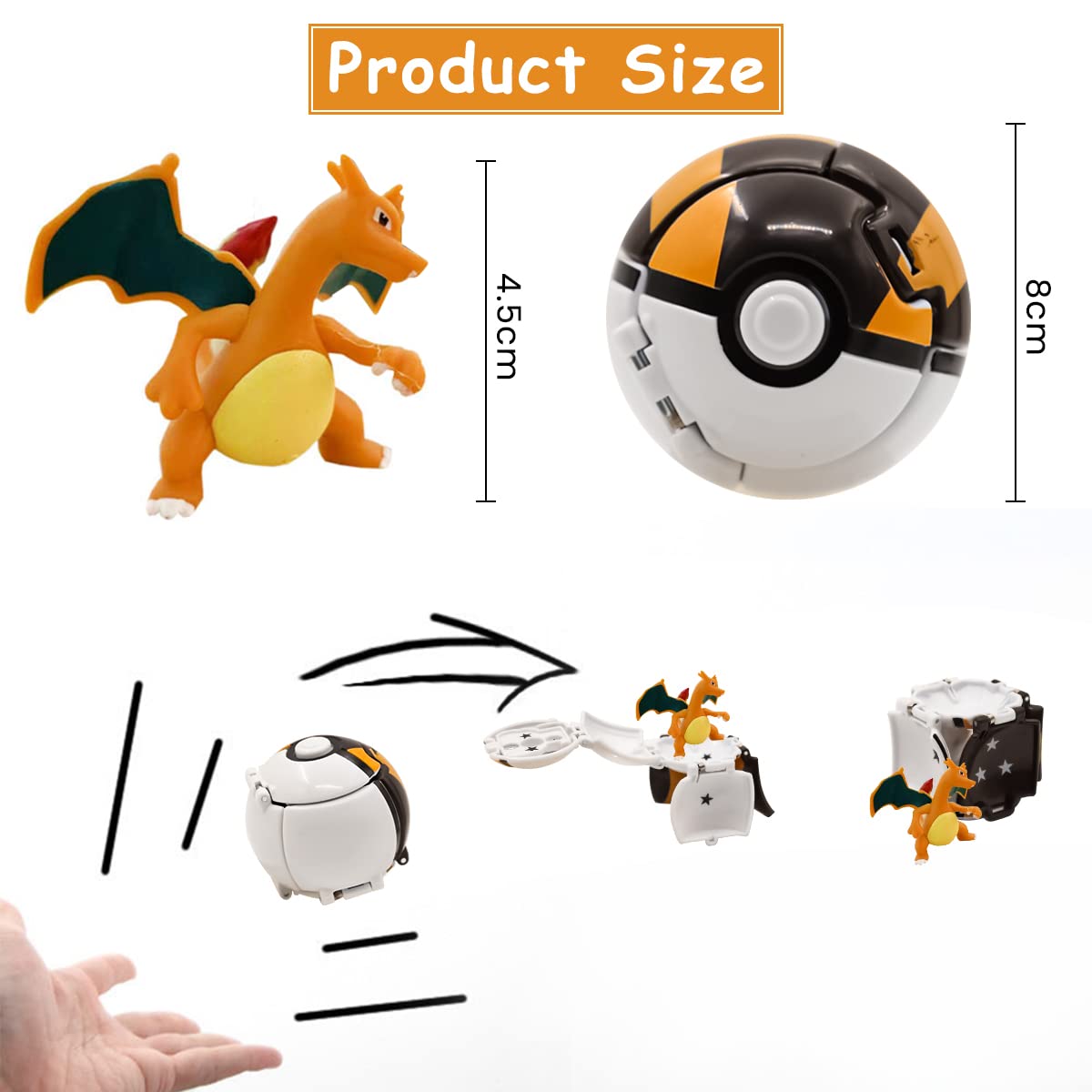 PATPAT Poke-mon Toy Charizard Figures with Poke-mon Ball Toy Figures Poke-mon Charizard Figures Toy Desk Decoration Birthday Gift Children's Day Gift Toy for Kids (Charizard)