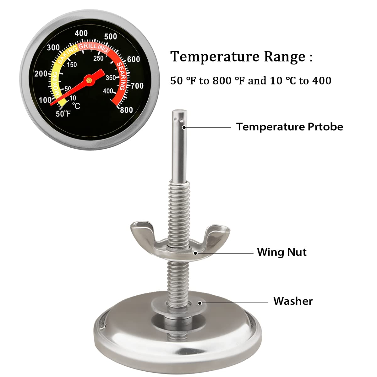 ZORBES 430 Stainless Steel BBQ Charcoal Grill Pit Thermometer Smoker Temperature Gauge with Fahrenheit and Heat Indicator for Meat Cooking Lamb Beef