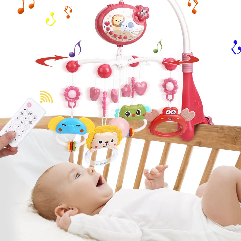 PATPAT Crib Hanging Toy for Babies, Electric Rotation Crib Soothe Toy Multifunctional Crib Hanging Toy with Lullabies, Timing, Projection, Night Light, Crib Hanging Toy for Baby 3-6 Month (Red)