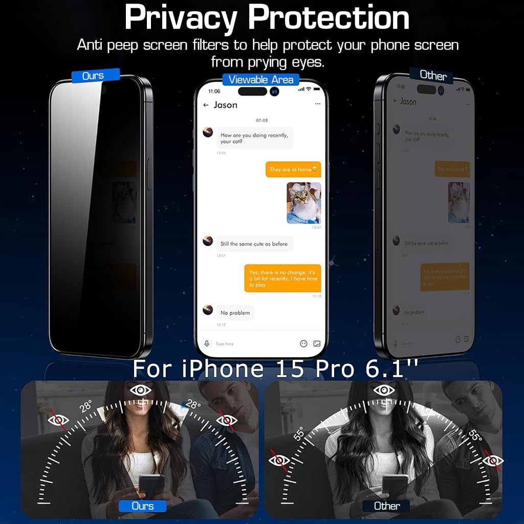 ZORBES Privacy Screen Protector Tempered Glass Screen Protector Matte for iPhone 15 Pro 6.1'' HD Anti-glare Screen Protector for iPhone 15 Pro 2Pcs