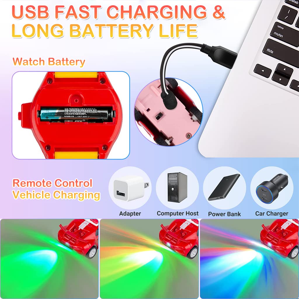 PATPAT Mini Remote Control Watch Car 2.4 GHz Cartoon Watch Car Toy, USB Rechareable Remote Control Toy Car, Wrist Racing Car Watch Cartoon RC Car Birthday Christmas Gift for Kids Boys Girls-Red