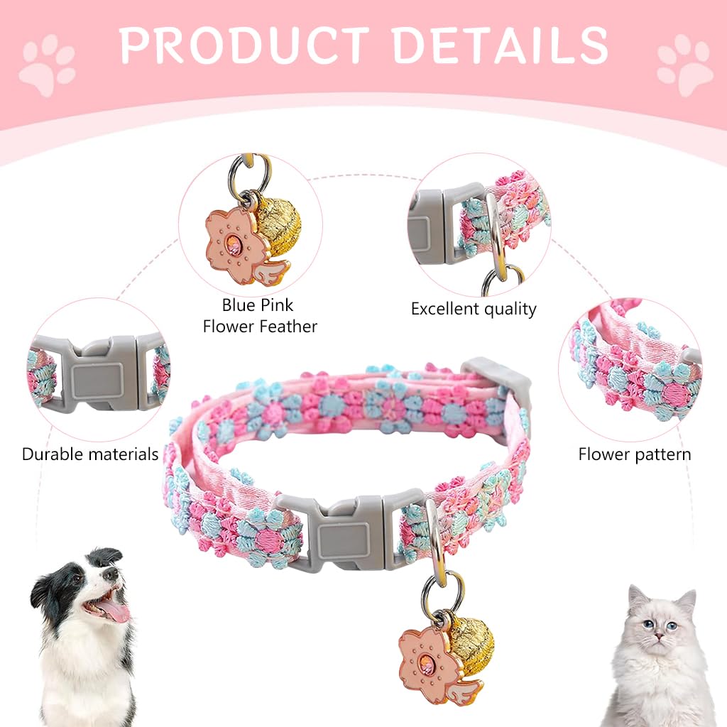 Qpets Floral Cat Collar, Cute Color Flower Cat Collar with Bell, Embroidery Handmade Sakura Charm Adjustable Quick Release Small Pet Collar