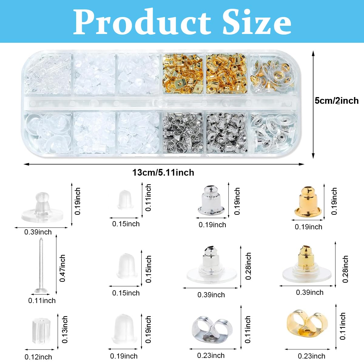 MAYCREATE 600Pcs Earrings Back Stopper for Ear Studs, 12-Style Clear Earring Stopper Clutch Metal Silicone Earring Backs Replacement Kits for Fish Hook Earring Studs Hoops - with Storage Box