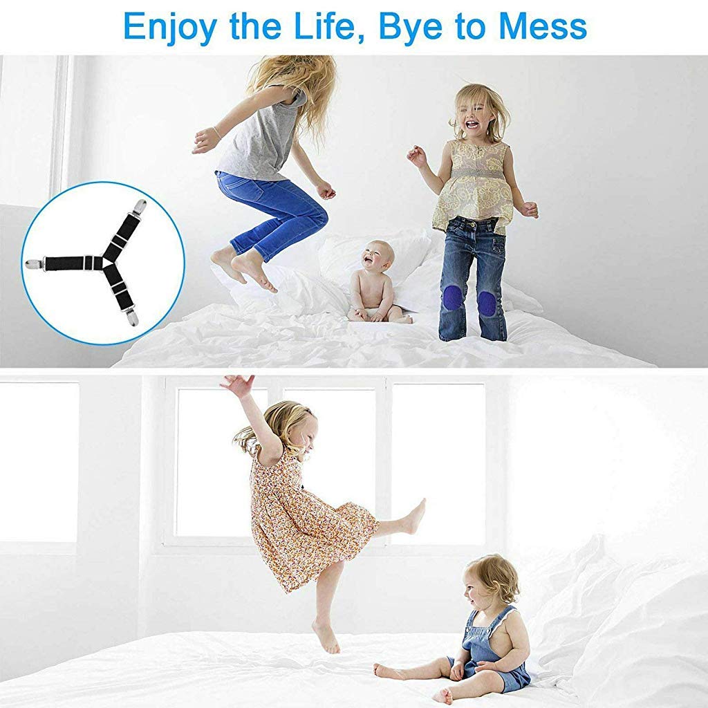 HASTHIP® Adjustable Bed Sheet Holder Straps and 3 Way Mattress Cover Holder Fasteners, Bed Sheet Keeper with Heavy Duty Grippers Clips, Triangle (4pc/Set, Free Size, Black)