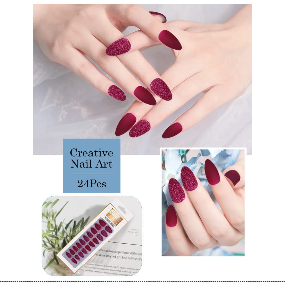 MAYCREATE Artificial Nails for Women, Matte Acrylic Full Cover, Double Sided Adhesive Tabs, False Ballerina Nails Extension with Nail Art, Rose Red, 24pcs