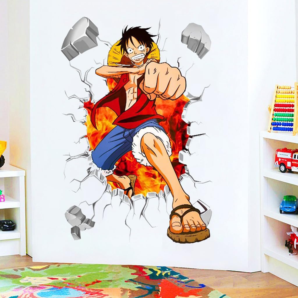 HASTHIP 1 Sheet 3D Wall Paper Sticker Anime Onepiece Monkey D Luffy 3D Wall Paper Self Adhesive PVC Wall Paper Removable Cartoon 3D Wall Paper for Kids Room, Bed Room, Living Room, 19.6 x27.5 inches