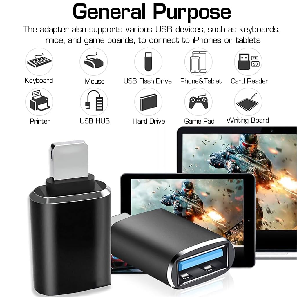 Verilux USB OTG Adapter for iPhone, Lightn-ing Male to USB Female Transfer Portable USB Camera Adapter OTG Data Sync Adapter for iPhone13/12/11/Xr/X/XS/8/7/Card Reader/Flash Drive/Mouse/MIDI Keyboard