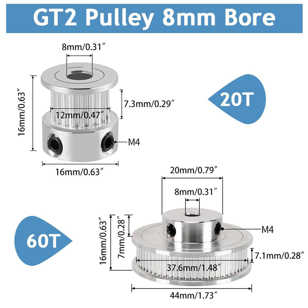 Serplex Synchronous Wheel For 3D Printer Timing Pulley Printer Timing Gear for 3D Printer with FDM Tech 20 & 60 Teeth 8mm Bore, Aluminum Timing Pulley with Length 200mm x6mm Belt
