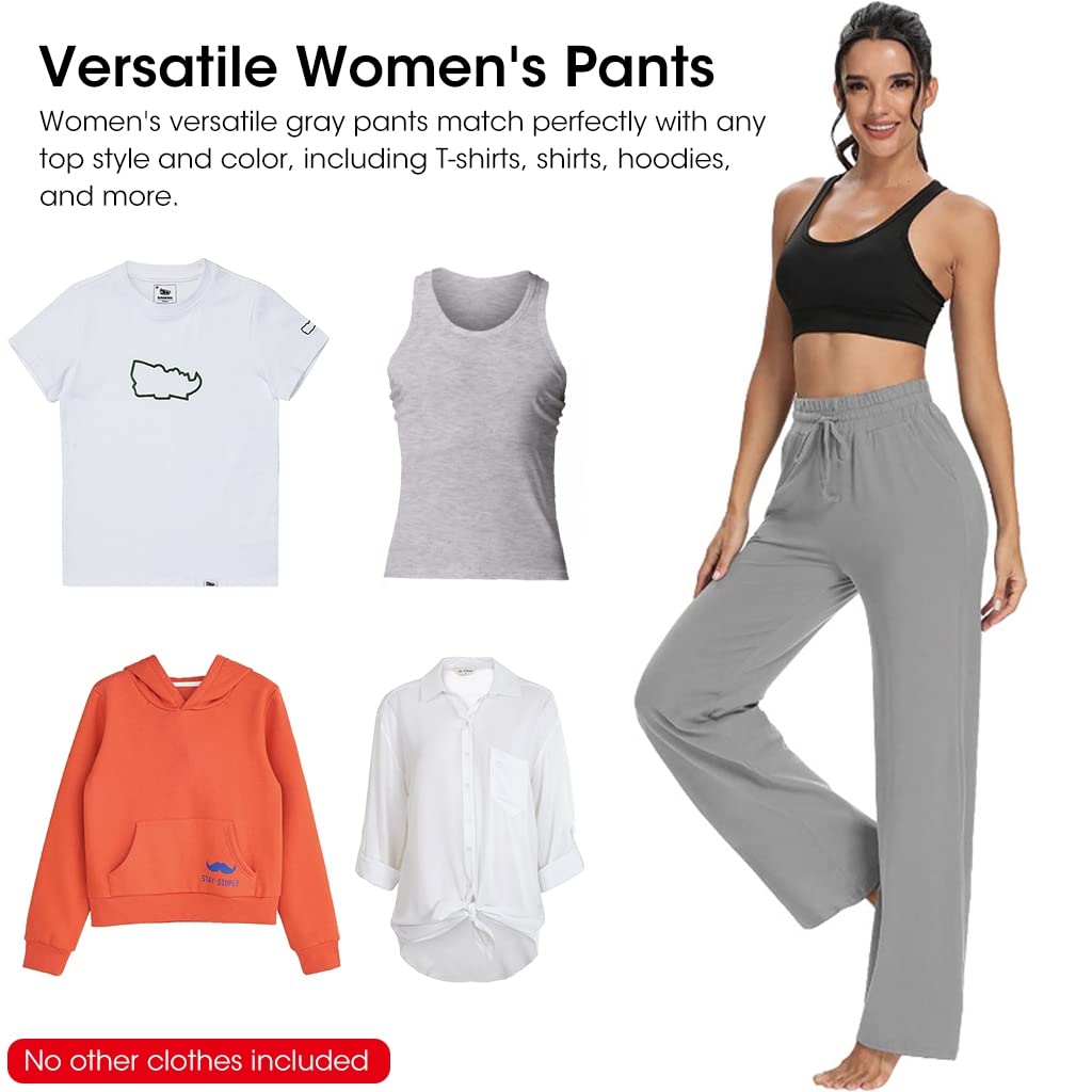 PALAY Yoga Pants for Women Cotton Sweatpant Wide Leg Lounge Pajamas Pants with Pockets, Casual Trousers Comfy Drawstring Straight Pants for Jogging Workout Running (Grey, Size L)
