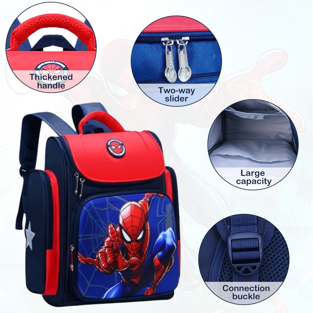 FANCYKU School Backpack for Boy Kids Spider Man Waterpoof Large Capacity School Bag, Travel, Camping, Burden-relief Backpack for Kids Gift (6-12 Years Old), Red