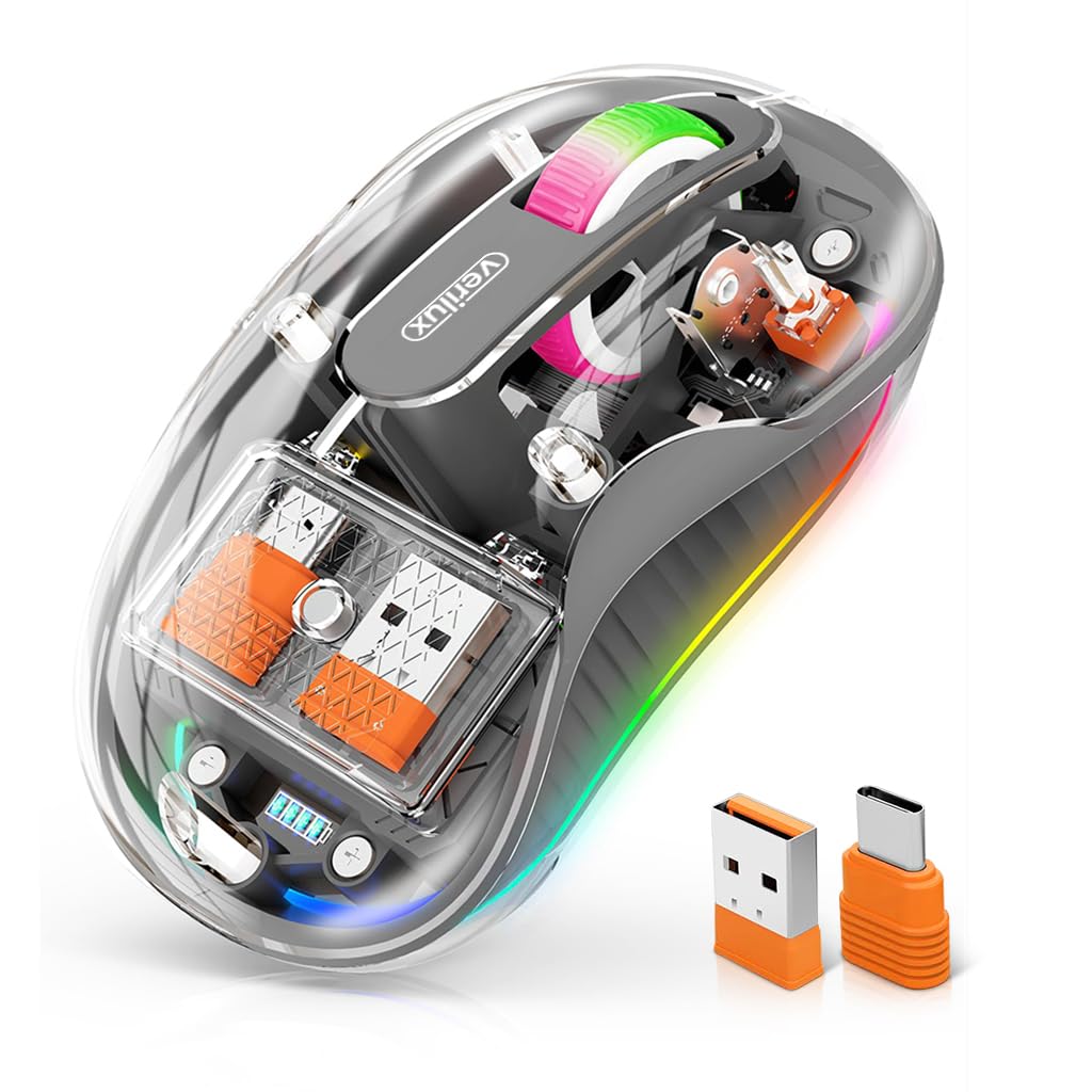 Verilux Transparent Wireless Mouse, Rechargeable Dual Modes 2.4G & 5.1 Bluetooth Mouse for Laptop