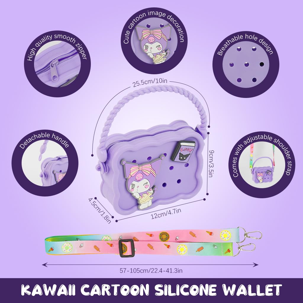 PATPAT Kawaii Girls Bag Cartoon Kuromi Purse Bag Silicone Kids Beach Bag Mini Hand Bag DIY Charming Purple Silicone Hand Bag for Girls Birthday Gift for Kids, 12x9cm