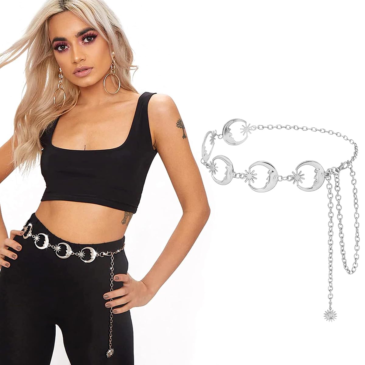 PALAY Woman Waist Belt Moon Star Metal Chain Belt for Women Stylish Ladies Belly Belt Accessories for Blazer, Suit, Dress, Jeans, Gown (Silver)