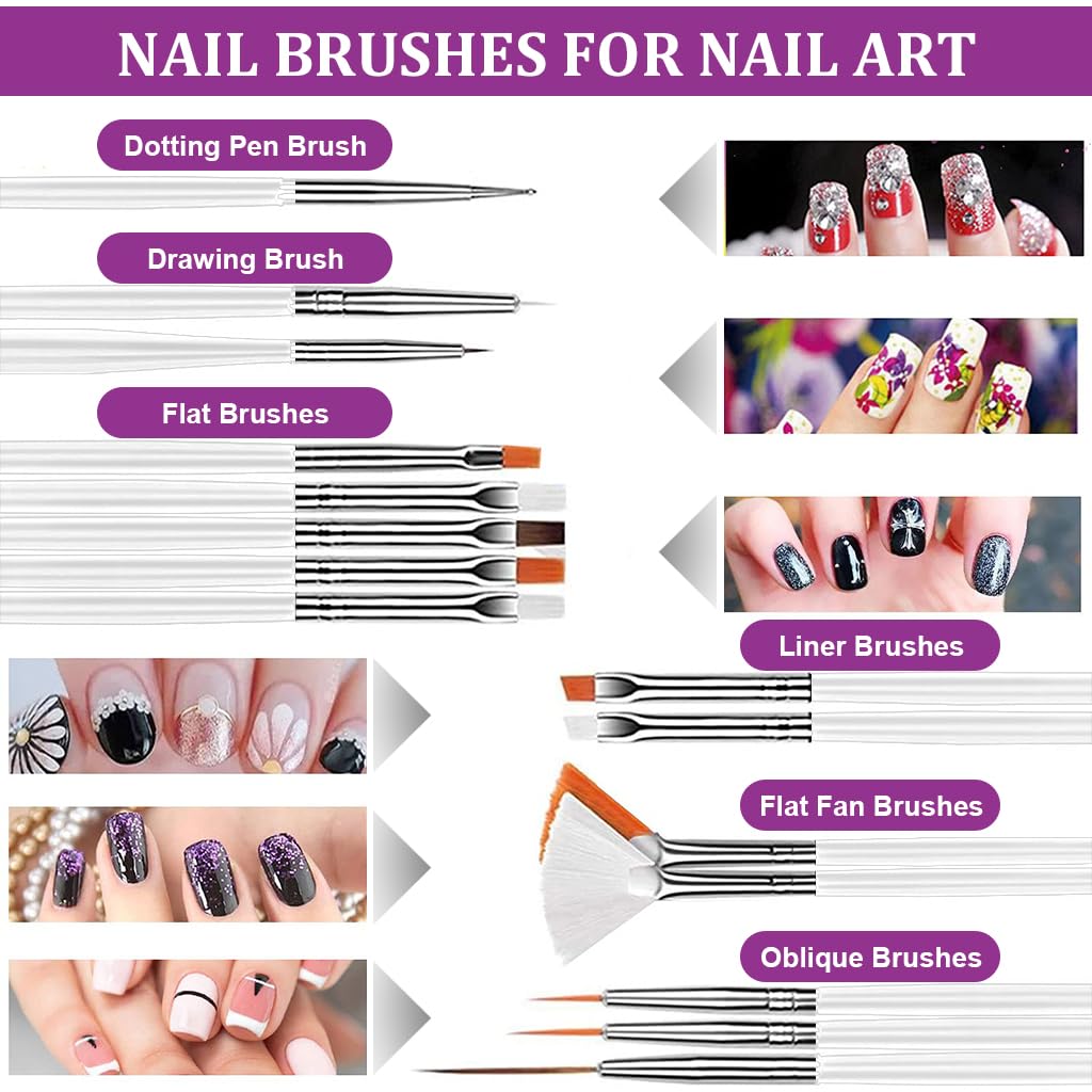 MAYCREATE Nail Art Supplies Tool Kit with 20Pcs Nail Art Fine Detail Brushes 10-Color Striping Tapes Pack of 100Pcs Fake Nail Extensions Metallic Foils Glitters Dotting Tools DIY Nail Art Supplies